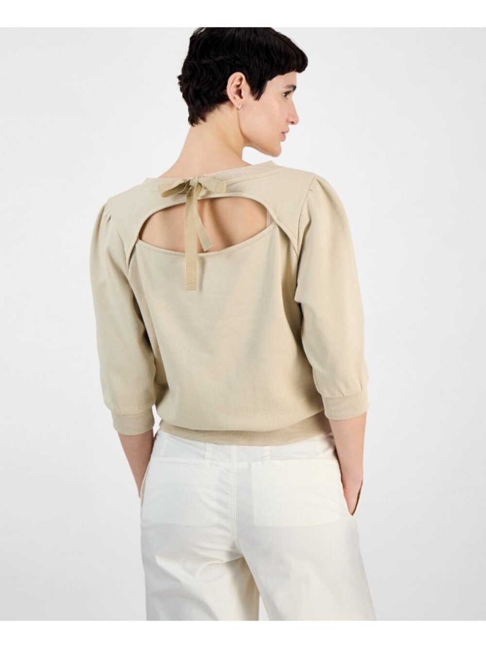 BOSS Orange 3/4-sleeves Cotton Tie Back-Cutout Sweatshirt Beige Size XL $98